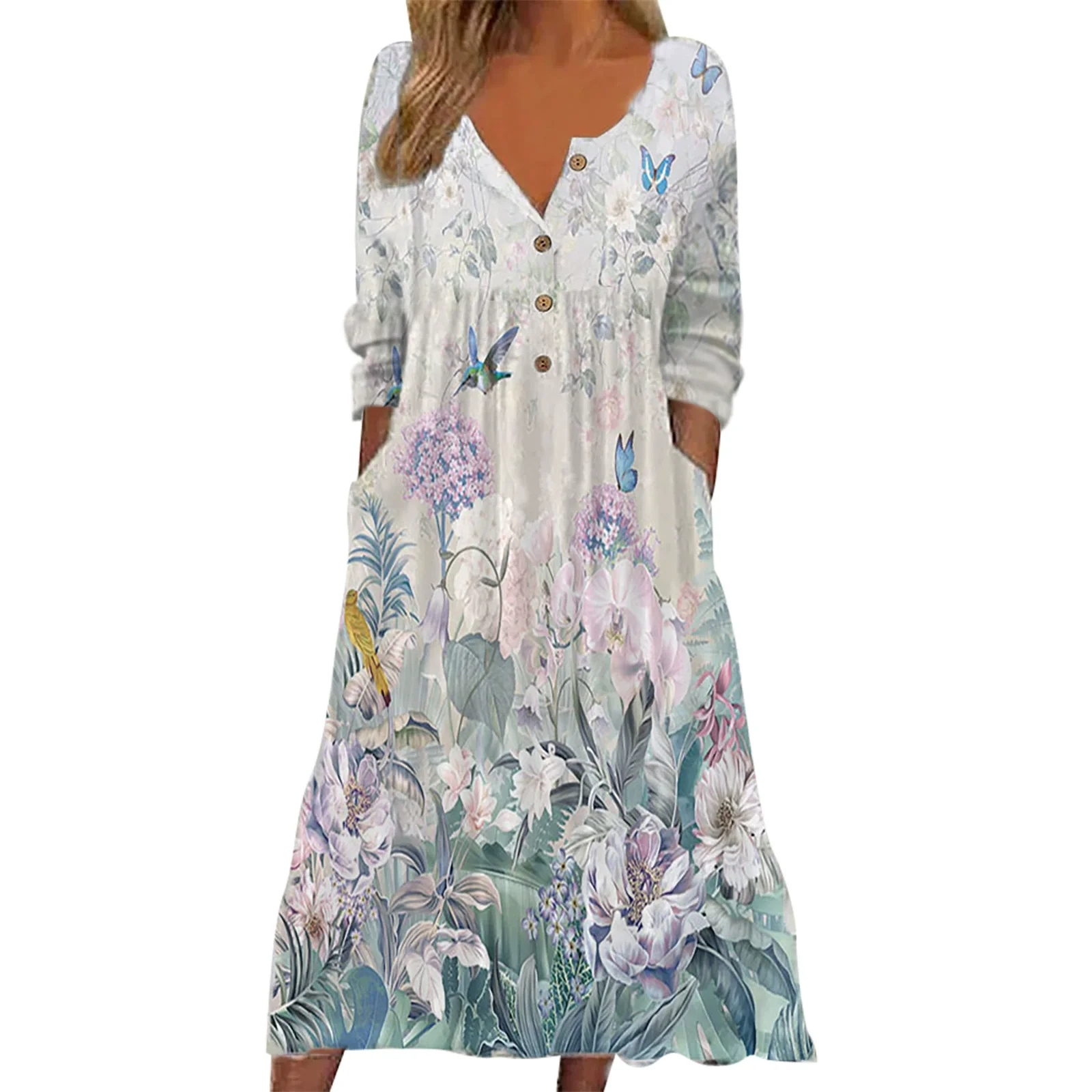 2025 EU-US Spring New Arrivals Fashion Printed V-neck Button Long Sleeve Women's Top with Pockets