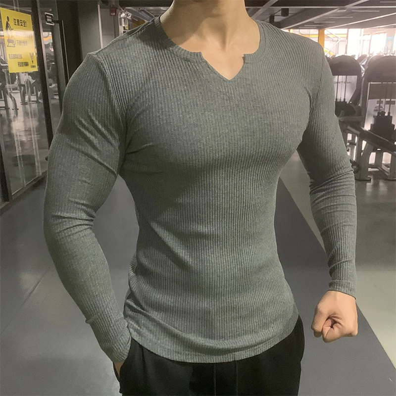 2024 Men t-shirt Sports Long Sleeve T-Shirt Men's Texture Stripes Solid Color V-Neck Tights Stretch Running Hip Hop T Shirt