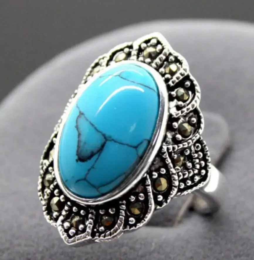 17X30mm Blue Turquoises Oval Gem 925 Sterling Silver Marcasite Ring Size 7/8/9/10