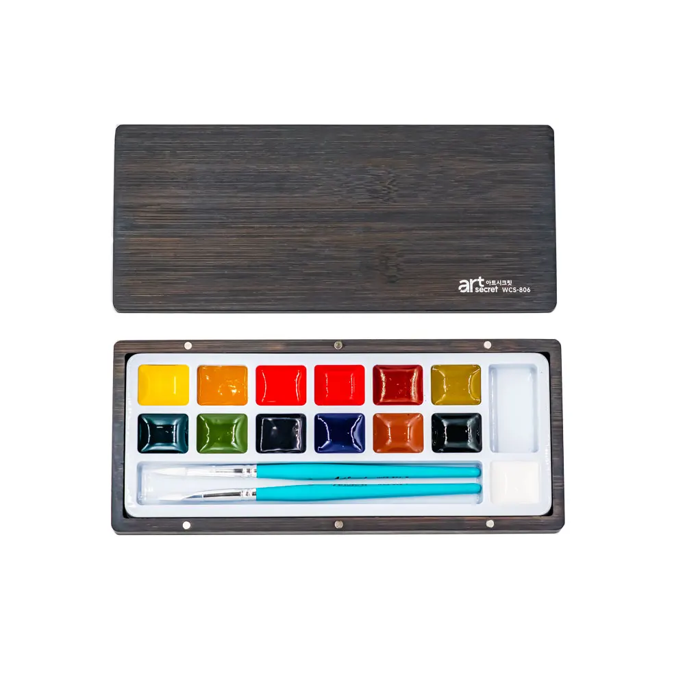 ArtSecret 13 Solid Watercolor Palette Set Woden Box With Pigment & Paint Brush Art Supplies for Artist WCS-806