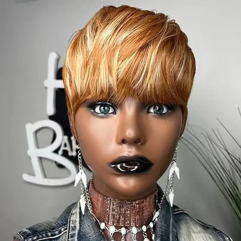 Short Pixie Cut Wigs Synthetic Hair Wig Ombre Blond Bob Straight Wigs With Bangs For Black Women Natural Hair Woman Wigs