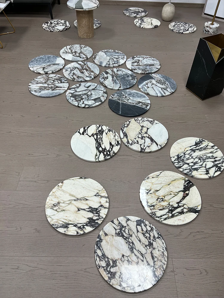 Customized  D40CM Italy Calacatta Viola Natural Marble Stone Circular Disk Top table Decorative tray