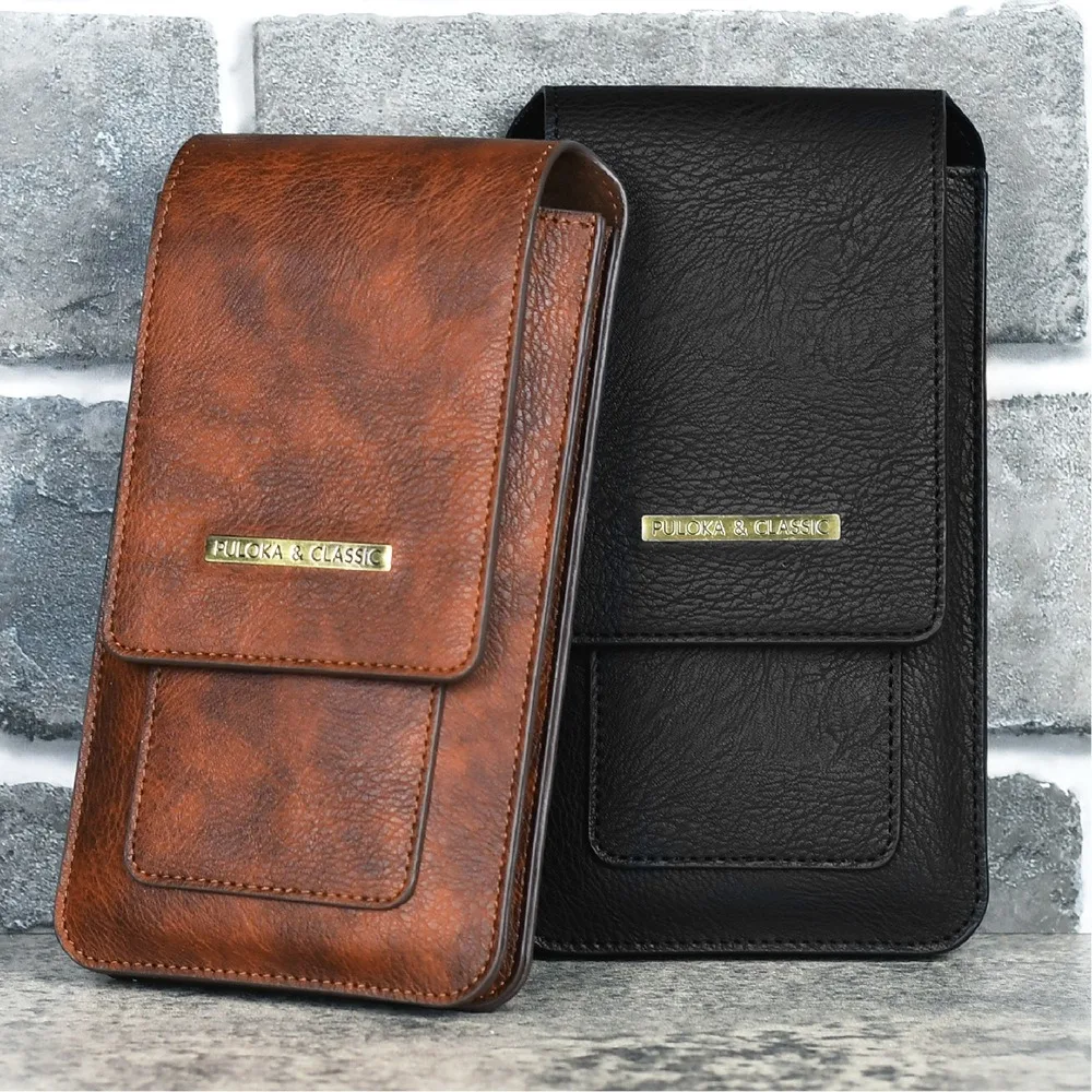 High Quality Horse Leather Waist Belt Phone Bag Double Layer with Loop Outdoor Bags Vertical Card Holder for 6.9-7.2inch Phone