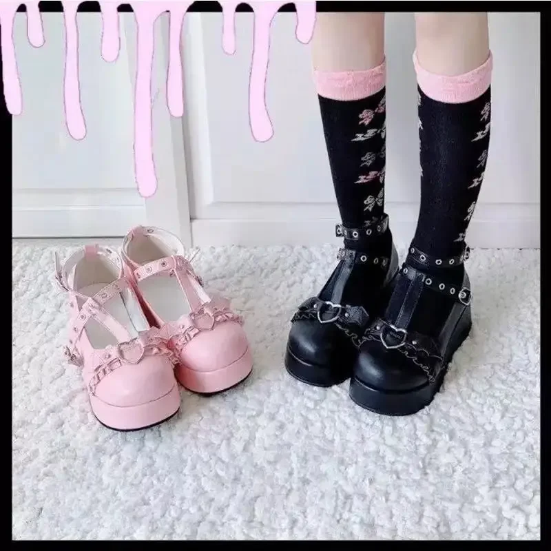 Women Pink T-Strap Chunky Platform Lolita Shoes New Sweet Heart Buckle Wedges Mary Janes Woman Punk Gothic Cosplay Shoes 43