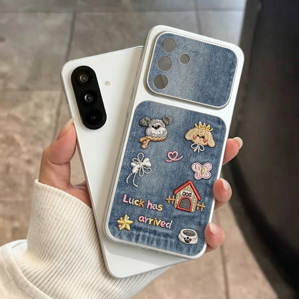 Cartoon Denim Embroidered Pupply for Samsung Galaxy A18 A08 A57 A56 A55 A54 A53 A37 A36 A35 5G A32 A07 A06 A17 4G A16 5G A25 A26