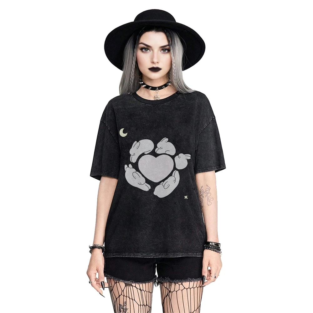 Y2K グラフィックTシャツ バニーハートTシャツ 綿100% 高品質 オーバーサイズ ウォッシュドTシャツ ウサギ ムーン プリント キュート Y2K バイブ ゴシック