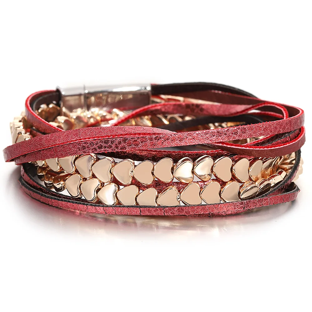 ALLYES Trendy Mixcolor Heart Beads Leather Bracelet for Women Romantic Long Multilayer Wrap Wide Bracelets Jewelry Gifts