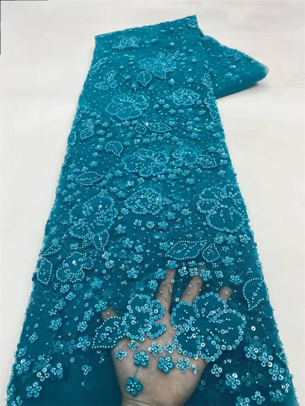 

Luxury Net Lace Embroidered Dubai New 2025 Latest African Lace Fabric High Quality Teal Green Lace Fabric For Woman Dress W389-1
