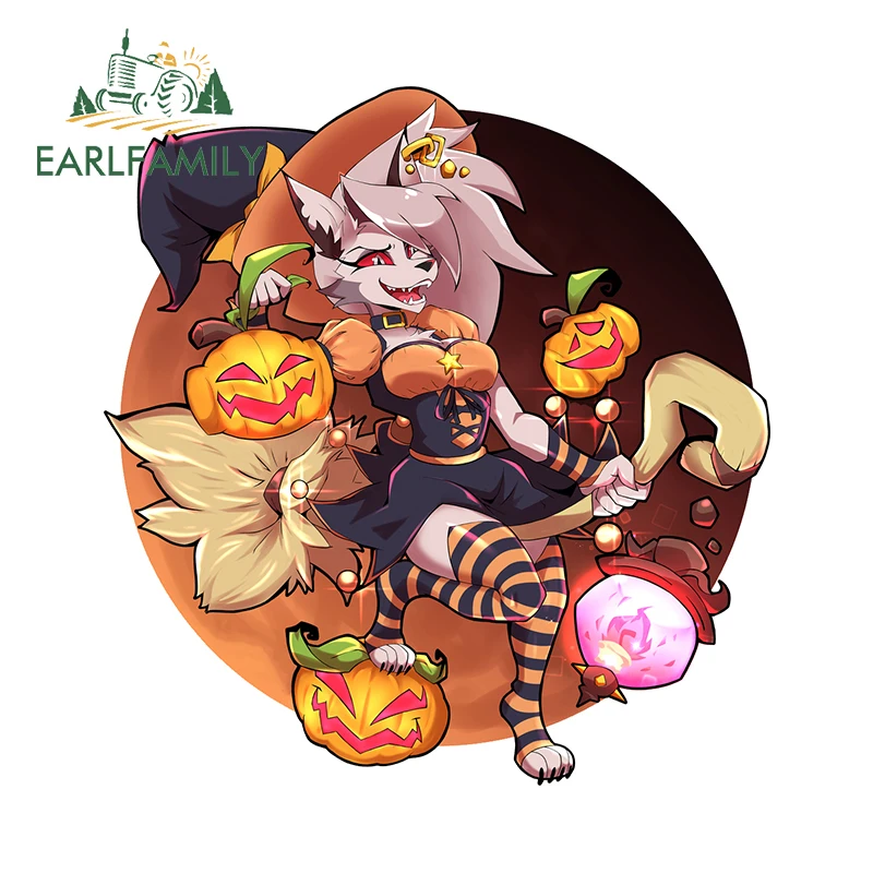 

EARLFAMILY 13cm x 12.4cm Halloween Loona Witch Car Sticker Anime Pumpkin Cartoon Furry Decal Windows Waterproof Laptop Decor