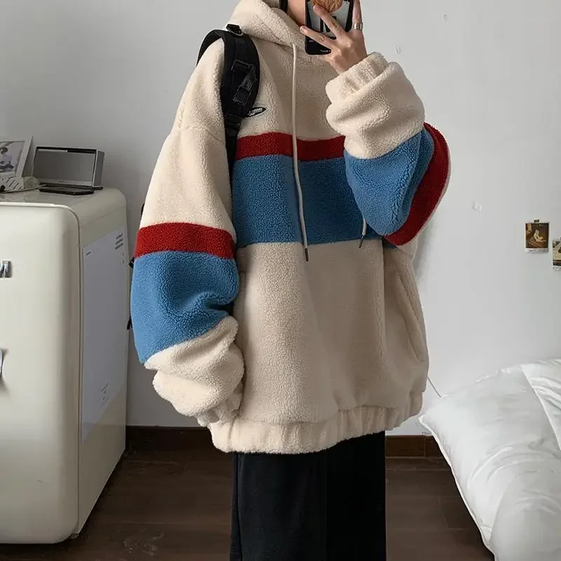 Korean Version Style Fashion Fleece Hoodies Women Patchwork Stripe Hooded Sweatshirts Couples Loose Coats  Casual Tops Pullover