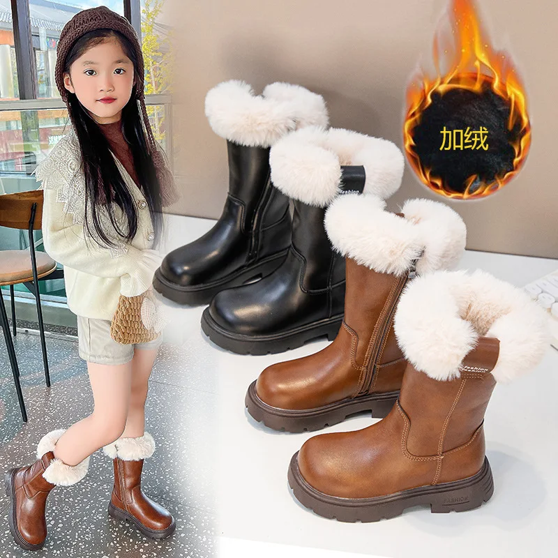 Girls Leather Boots 2024 Autumn and Winter New Fashion Velvet Warm Medium Boots Little Girl Fluffy Mouth Fashion Boots