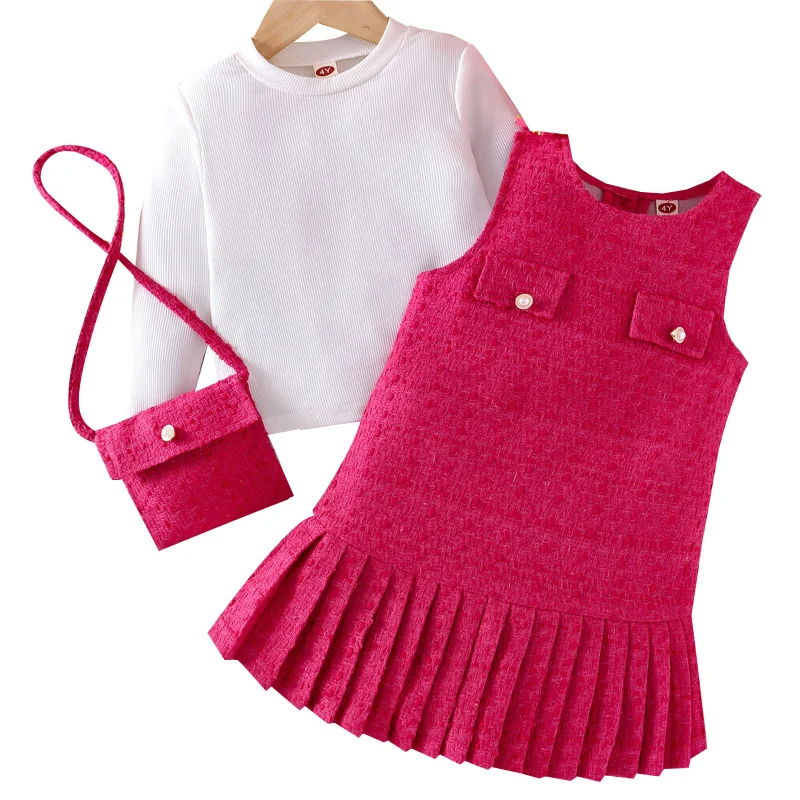 

Autumn New Children's Outfit Solid Color Round Neck Pullover Vest Dress with Bag