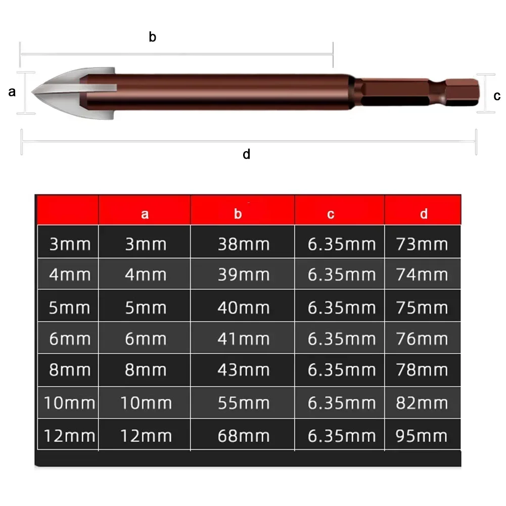 六角形タイルドリルビット,ガラスコンクリート穴オープナー,4ブレード付きトライアングルドリル,3mm, 4mm, 5mm, 6mm, 8mm, 10mm 12mm, 1個