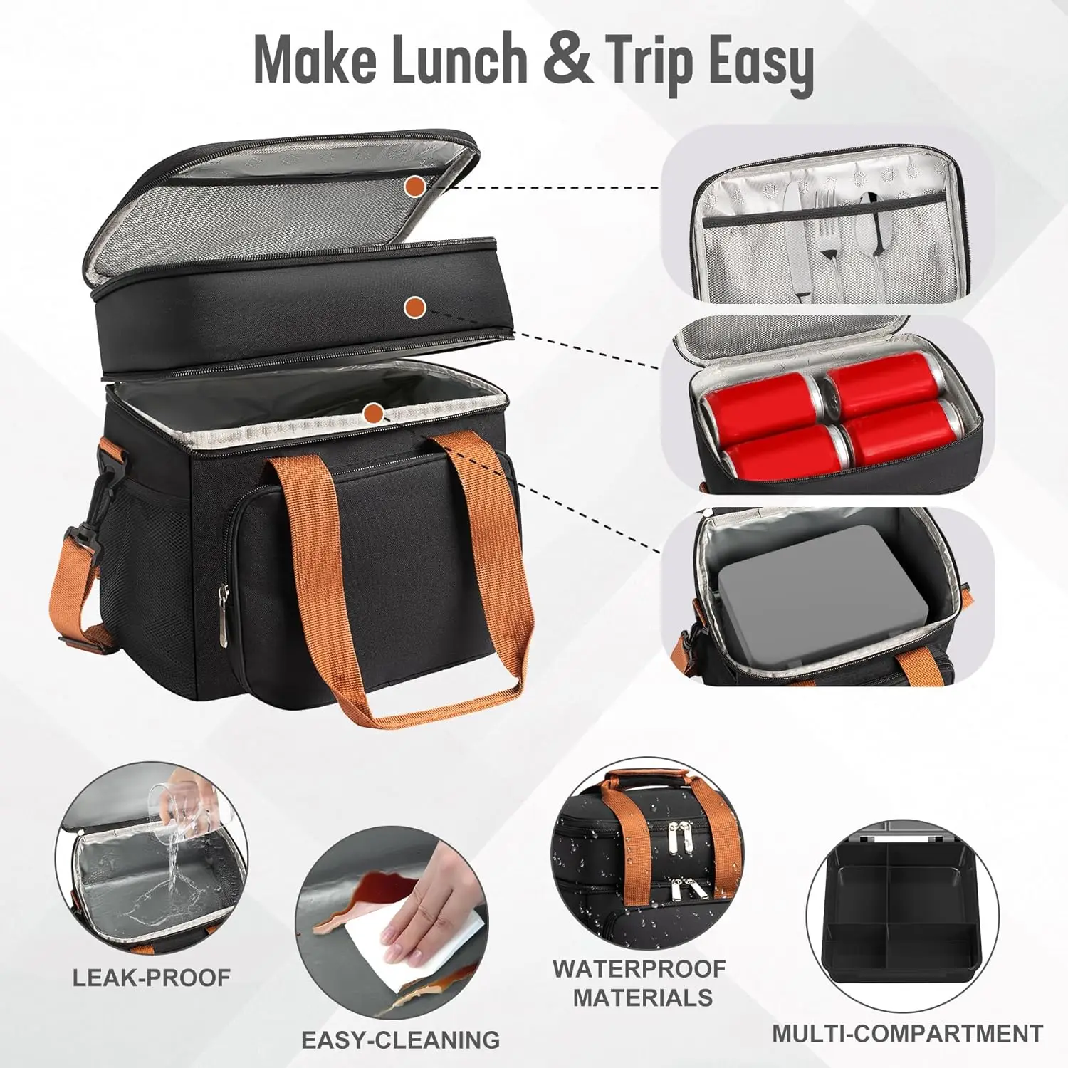 صندوق غداء معزول مكون من 4 أقسام مع حاويات مانعة للتسرب، ترمس طعام ساخن وبارد للبالغين والأطفال، حقيبة تبريد مع عبوة ثلج #4