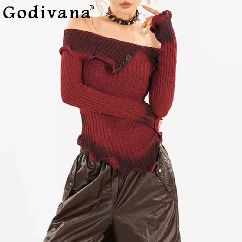 

Spring Autumn American Retro Ruffles Chic Irregular Unique Knitted Tops Fashion Versatile Street Slash Neck Long Sleeve Sweater