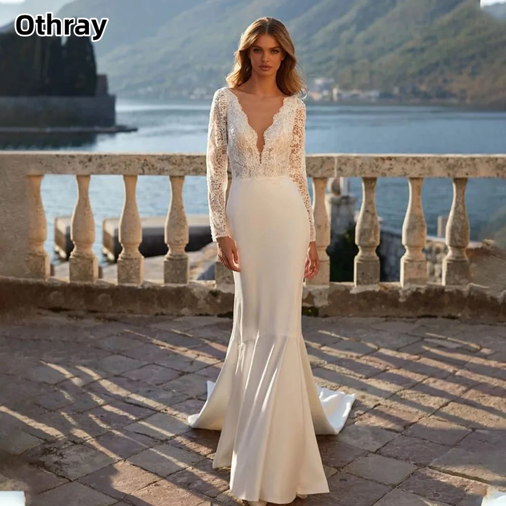 

Othray Elegant Long Sleeves V-neck Lace Applique Backless Mermaid Wedding Dresses Sweep Train Custom Made Rode De Morrie