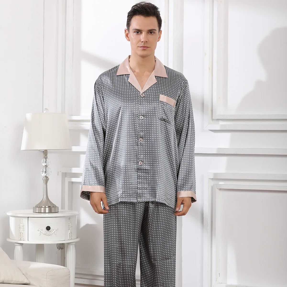 Silk Satin Pyjamas Set Long Sleeve Sleepwear Pajamas Suit Man Sleepwear 2PC Set Loungewear Large Size