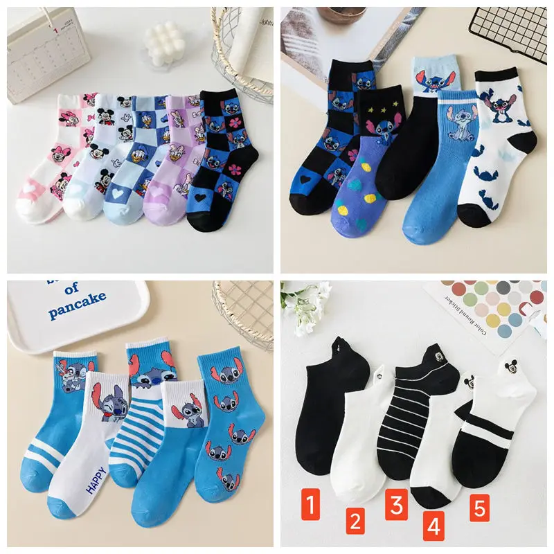 

5Pcs/Lot Spring Autumn Girl Sock Cartoon Minnie Mouse Stitch Donald Print Adult Short Kawaii Anime Sweat Cotton Women Boat Socks