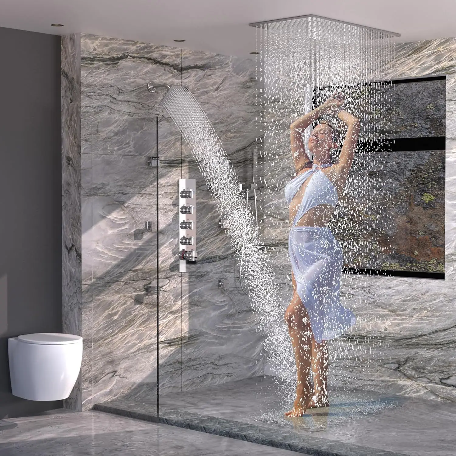 400x800mm Rainfall Shower Head Chrome Thermostatic Shower System Double Shower Heads with Body Jets