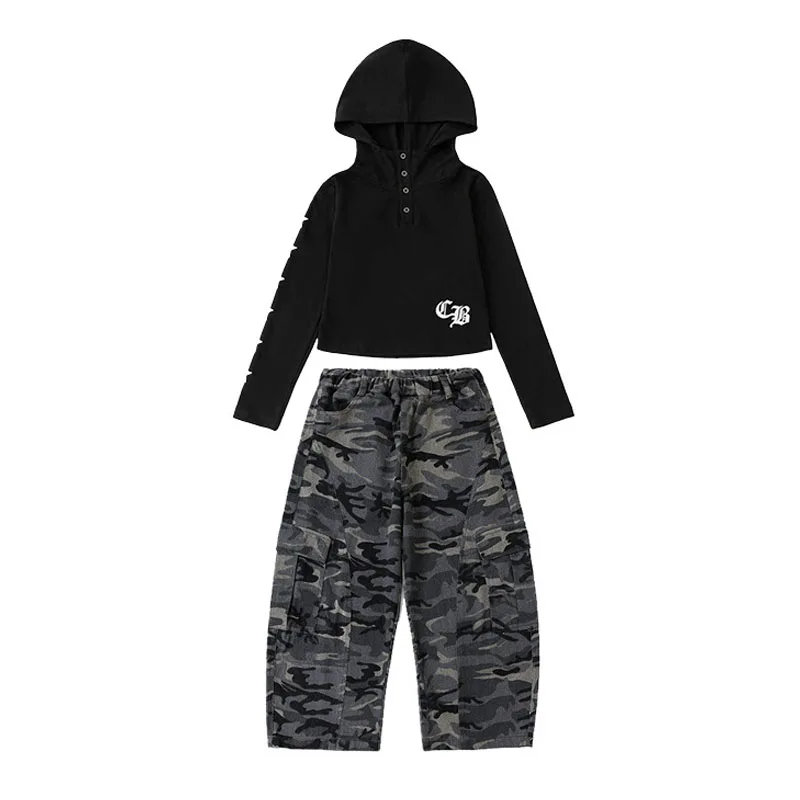 Dziecięca odzież Kpop Hip Hop Czarna bluza z kapturem Krótka koszulka T-shirt Kamuflażowy styl casualowy Uliczny styl Spodnie cargo z zakrzywionymi nogawkami dla dziewczynki Stroje do tańca Ubrania