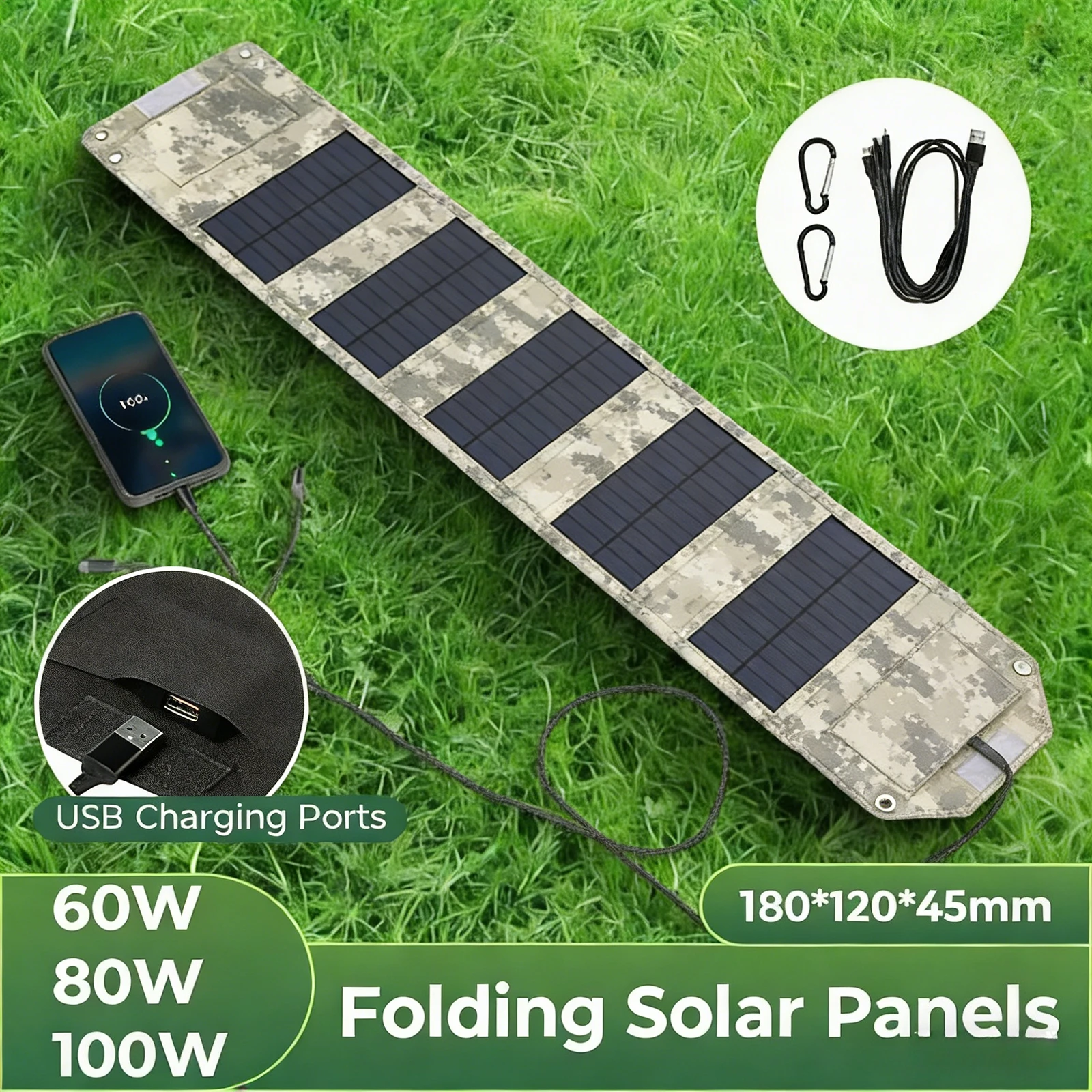 Zusammenklappbares Solarpanel-Solarladegerät, 100 W, USB, 5 V, Solarladegerät, tragbare Solarbatterie-Powerbank für Outdoor, Camping, Wandern + Kabel