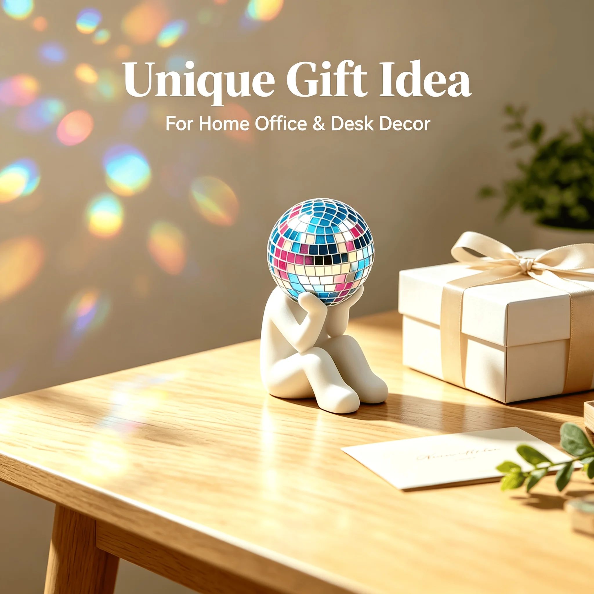 Disco Ball Thinker Statue, Detachable Rainbow Mirror Disco Ball Ornament, Matte White PLA 3D Printed Figurine, Desktop Decor