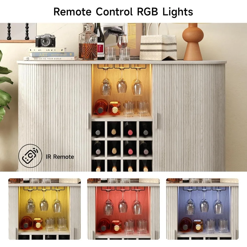 Home Bar Cabinet with Wine Rack, Fluted Design for Beverage Storage and Glass Holder