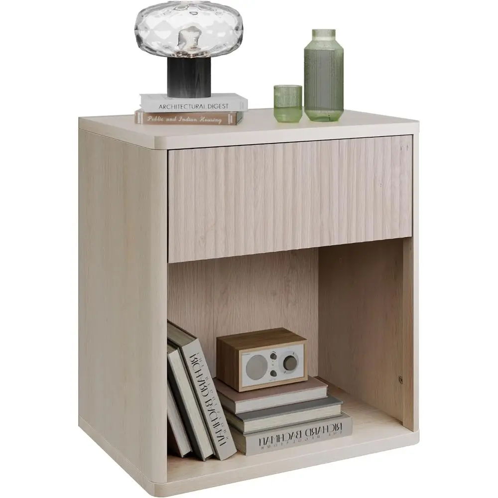 

Wooden Nightstand with Storage and Open Shelf, Classic Bedroom Side Table for Living Room, Dorm, and Home Office, White Alder Fi