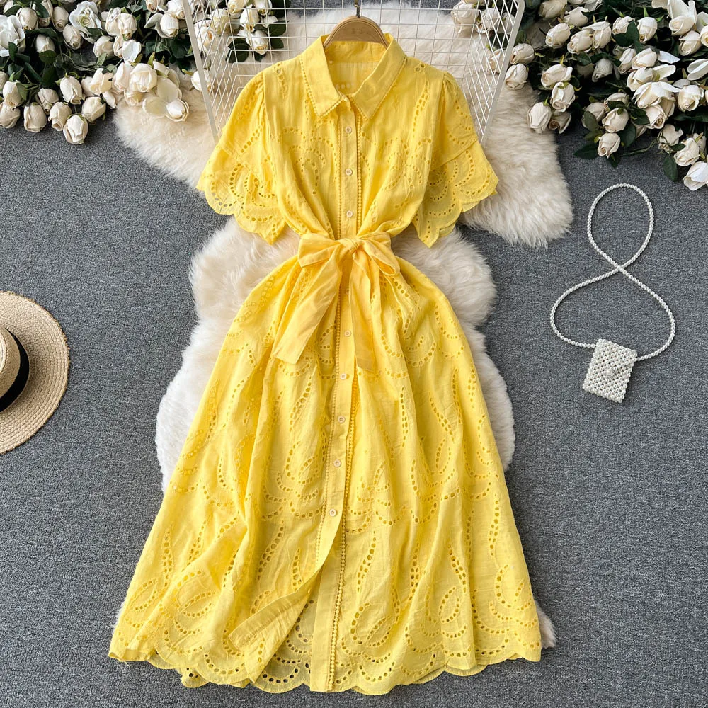 

Women White Dresses Single Breasted Flare Sleeve Long Shirt Dress Lace Up Solid Hollow Out Vestidos A Line Work Beach 2025