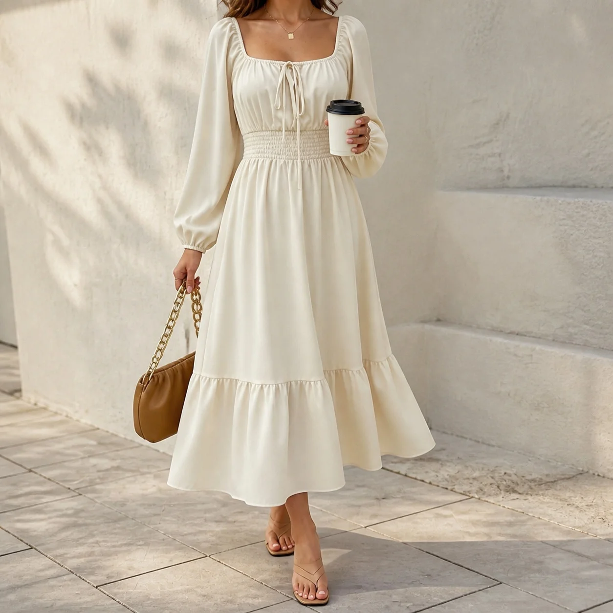 Square Neck Long Sleeve Dress Slim Fit Elegant and Refined with Party Date a Line Party Dress Commuter Chic Daily for Women