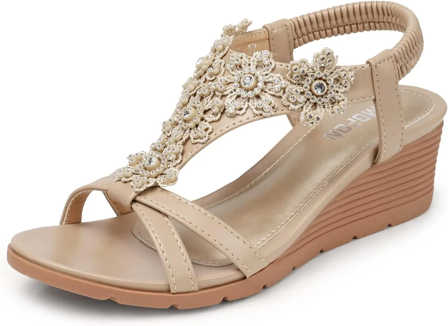 

Women's Low Wedge Heels Summer Dressy Platform Sandals with Elastic Ankle Strap and Open Toe Flower Design