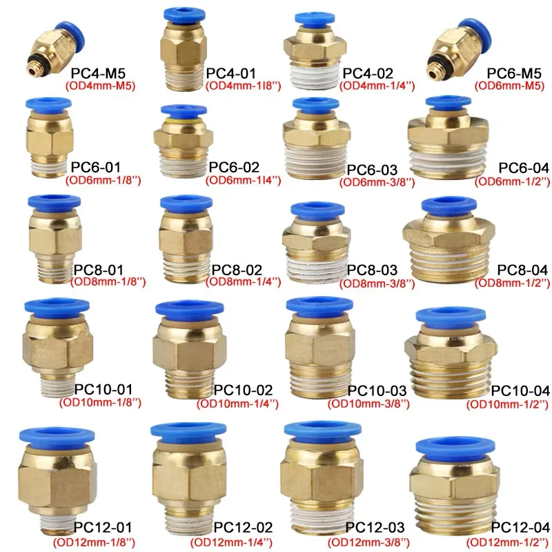 50/100PCS Pneumatic Air Connector Fitting PC 4mm 6mm 8mm 10mm 12mm Thread 1/8