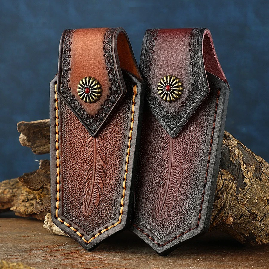 طقم سكاكين قابل للطي مع جلد مدبوغ بالخضار ، مخيط يدويًا ، طقم سكاكين مطبوع ، جلد بقر بطبقة علوية ، غمد سكين خارجي