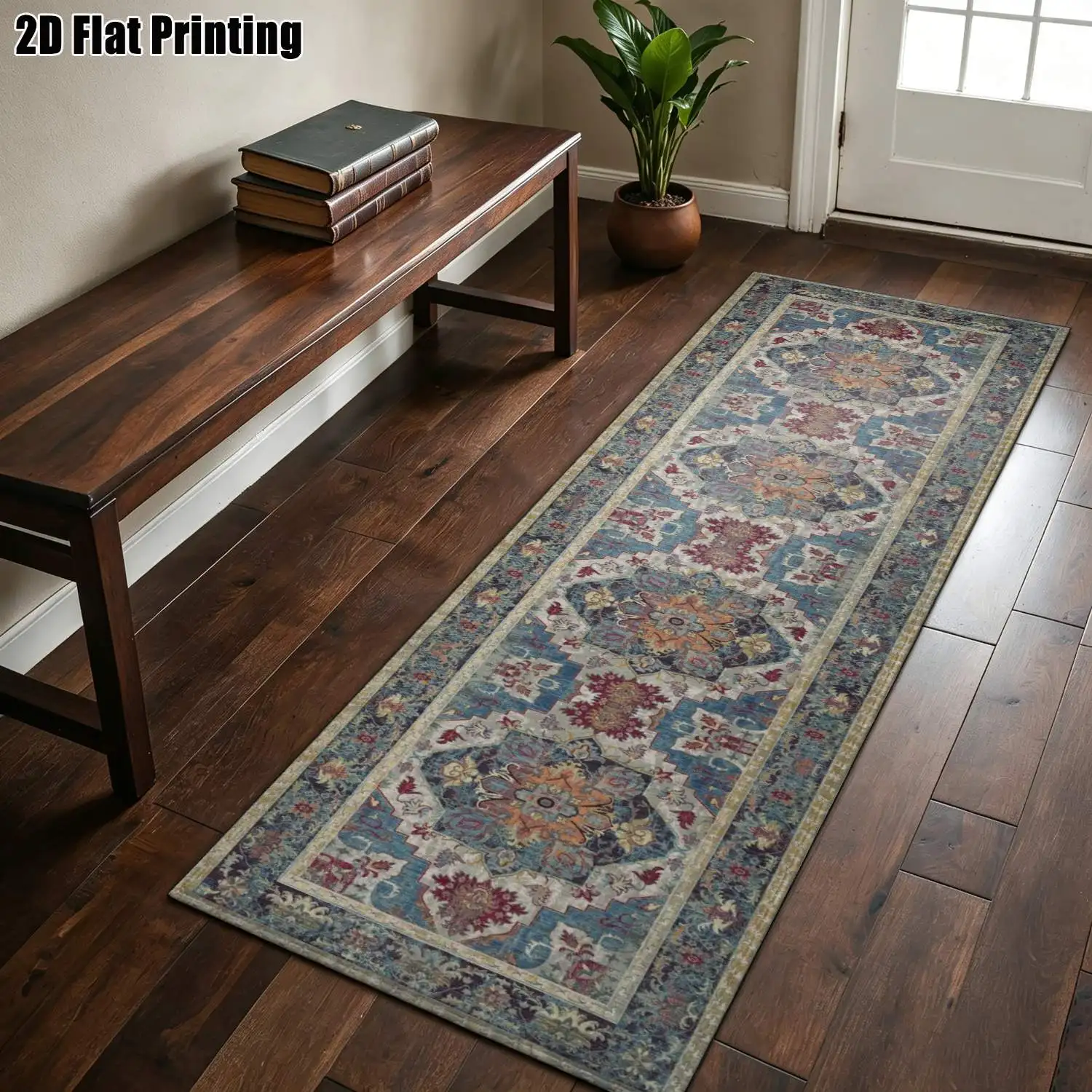 1Pc 2D Printed Long Strip Runner Carpet: Blue Red Floral Geometric Patterns, Retro/European/Bohemian Style, Machine Washable, Multi-Size, Suitable for Home Decor, for Entryway, Hallway, Living Room, Bedroom