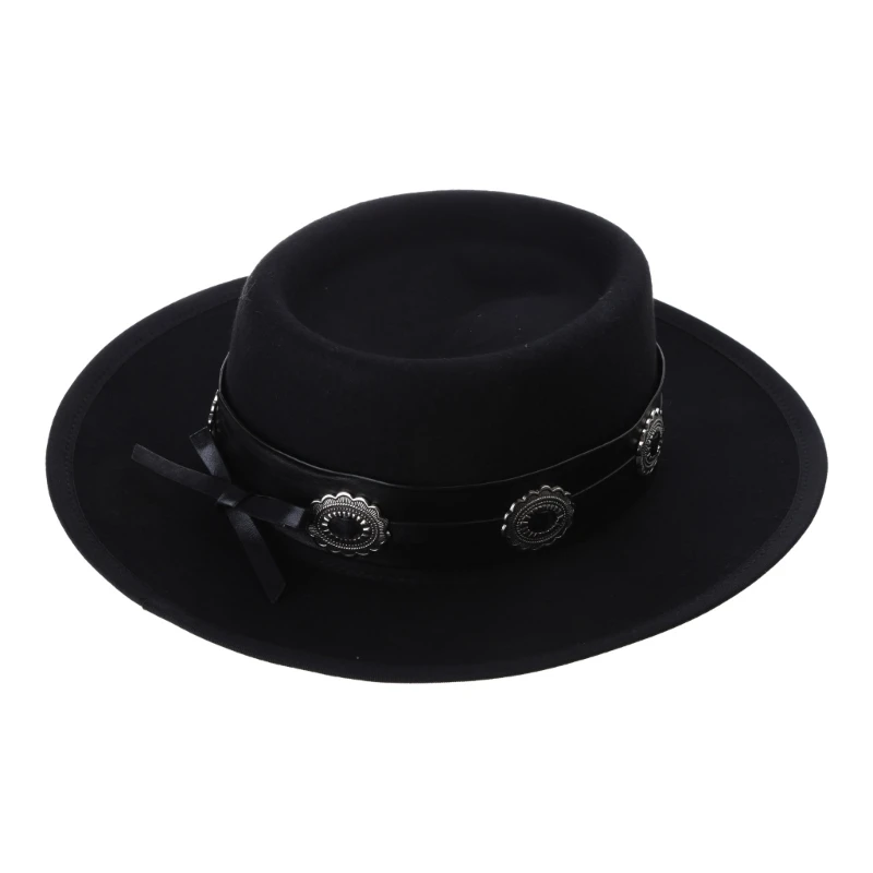 Gothic Woman Men Cowboy Hat with Decor for Halloween Elegant Lady Felt Skull Pattern Hat Windproof for Adult