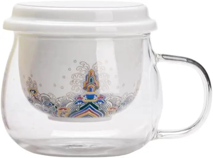 Glass Tea Cup Coffee Mug with Ceramic Infuser and Lid Saucers, Chinese Traditional Patterns, Tea, Juice, Coffee - 10oz (WAVE CLI