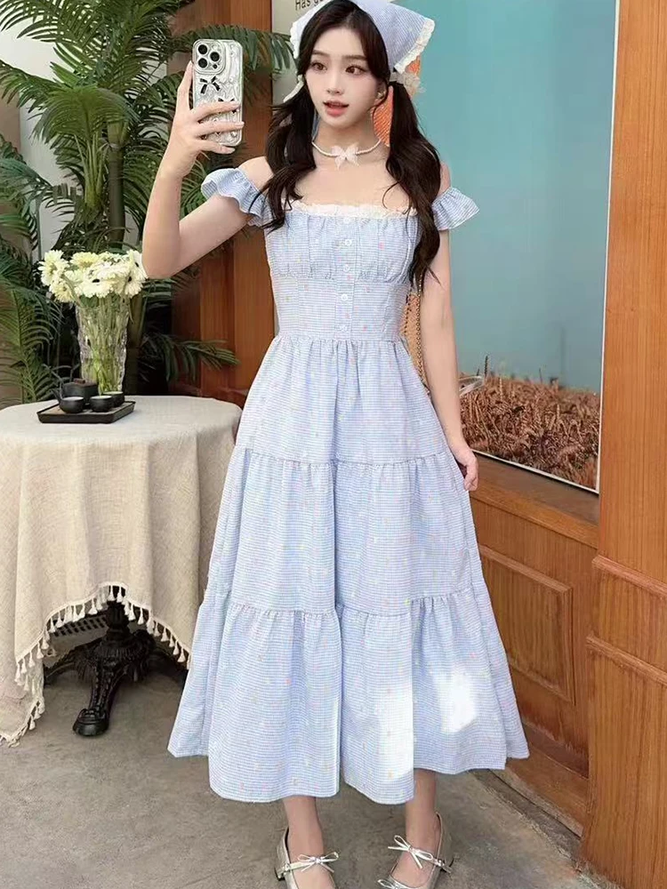 Estate Boho Blu Floreale Chic Pizzo Slash Neck Abito lungo sexy Donna Elegante abito casual da vacanza 2025 Abito da festa aderente coreano