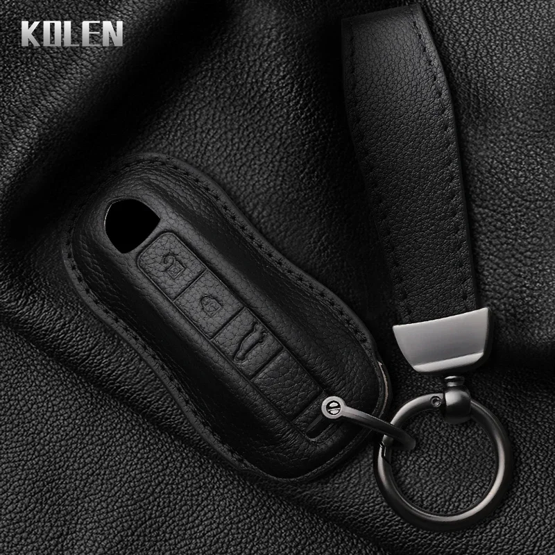 Dermis Leather Car Key Case Cover Shell For Porsche Panamera Cayenne 971 911 9YA Boxster 3 Buttons Protected Fob Bag Accessories