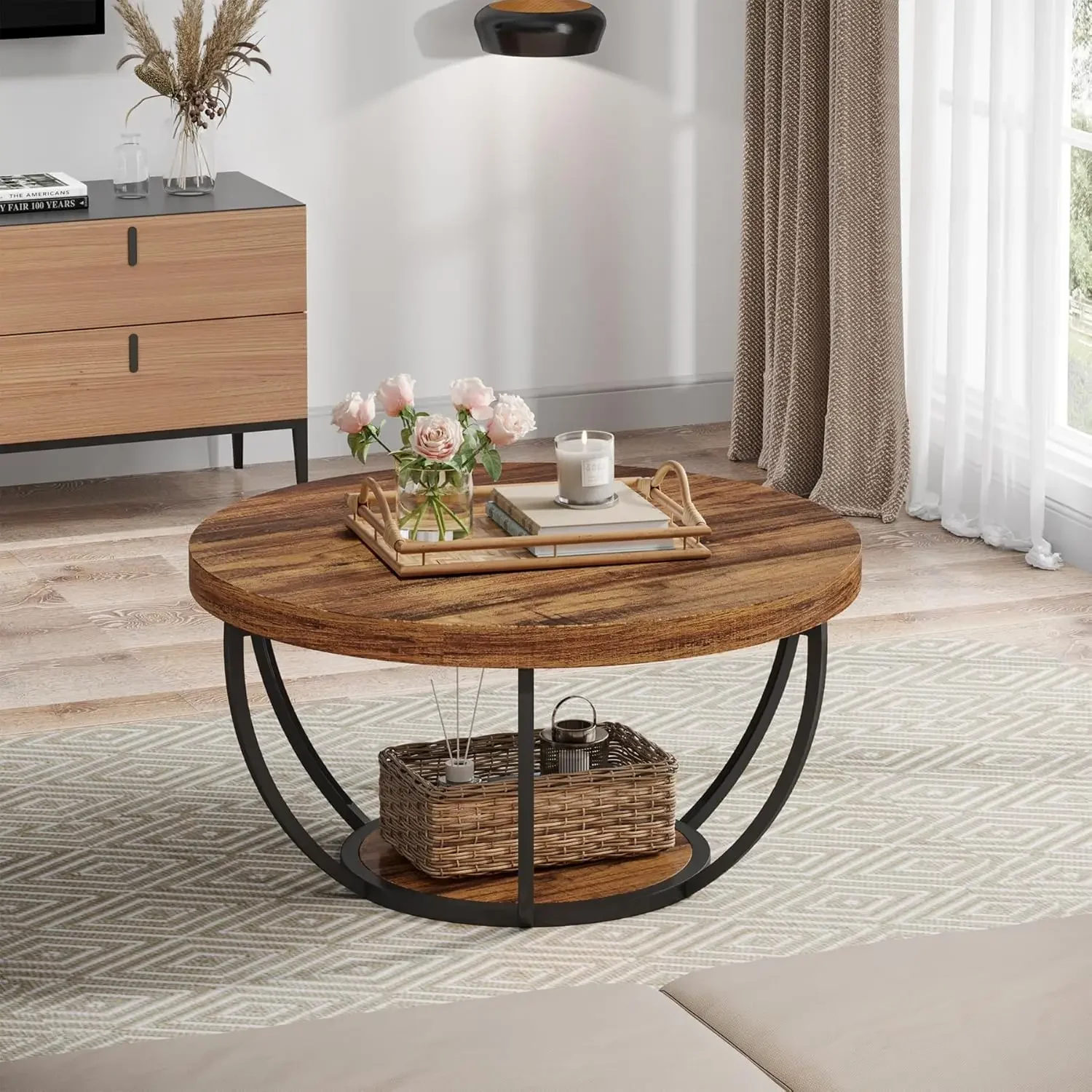 Coffee Table, 31.7" Wooden 2-Tier Circle Coffee Table with Storage Shelves, Modern Accent Cocktail Table Center