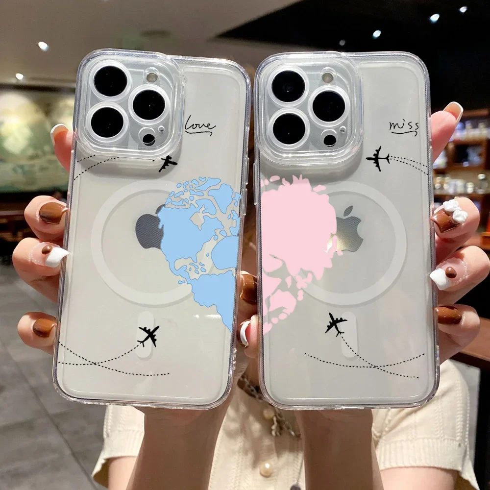 Pink Bule Love Art Airplane Couple Phone Case for iPhone 12 11 13 14 15 16 Max Pro Plus Magsafe Magnetic Wireless Cover