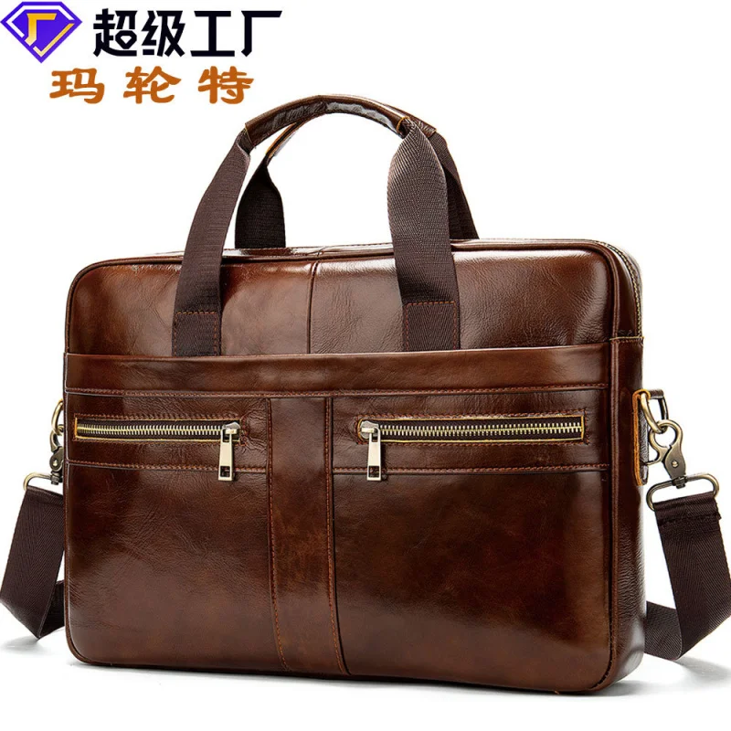 Cross-Border Men's Briefcase Men's Real-Leather Bag Portfolio14Inch Computer Bag Men's Portable Shoulder Briefcase Wholesale