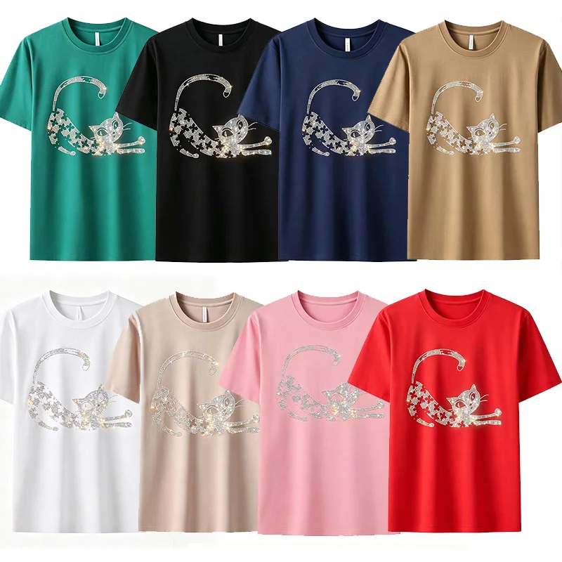 European women's rhinestone kitten sequin crystal T-shirt, short-sleeved, high-quality cotton material