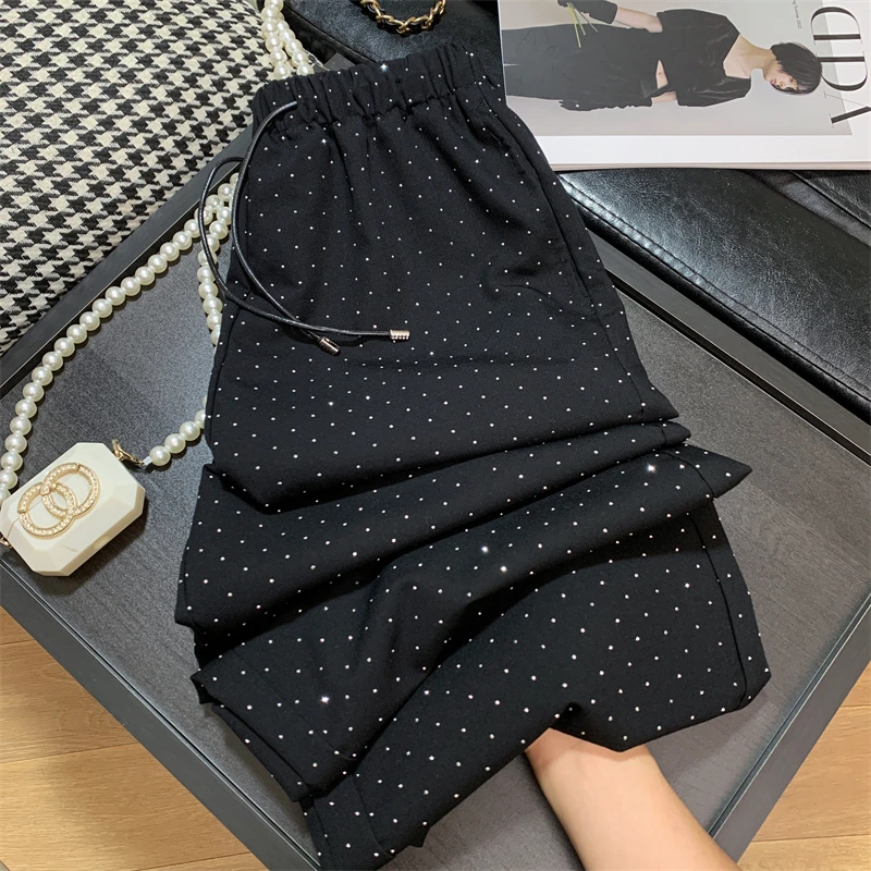 Starry hot diamond office girl wide-leg pants summer new loose drape casual lace-up mopping pants suit trousers straight pants