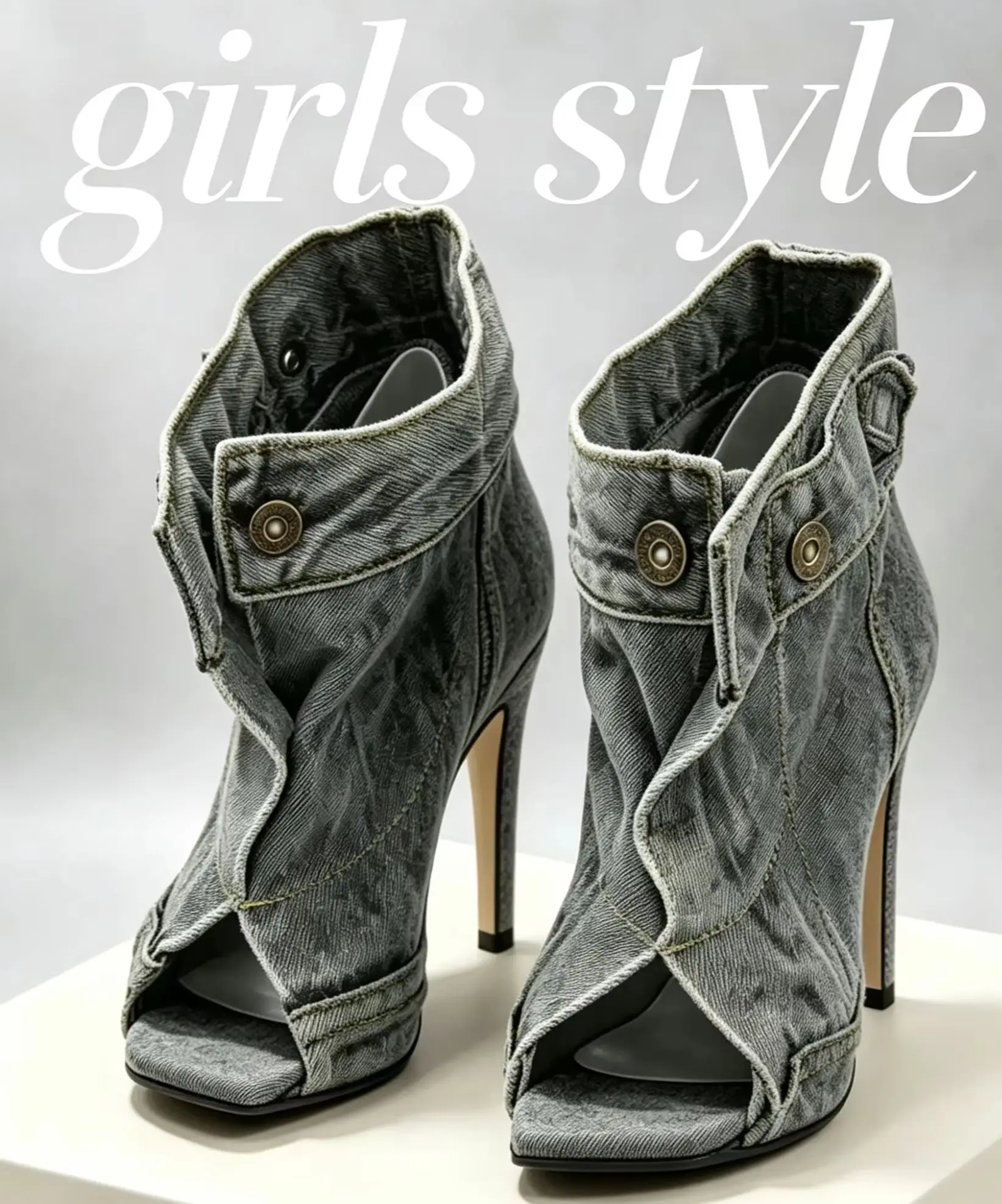 Denim Button Women Stiletto High Thin Heel Pump Ankle Boots Open Toe Elegant Street wear Sandal Daily Luxury Casual Fashion Shoe