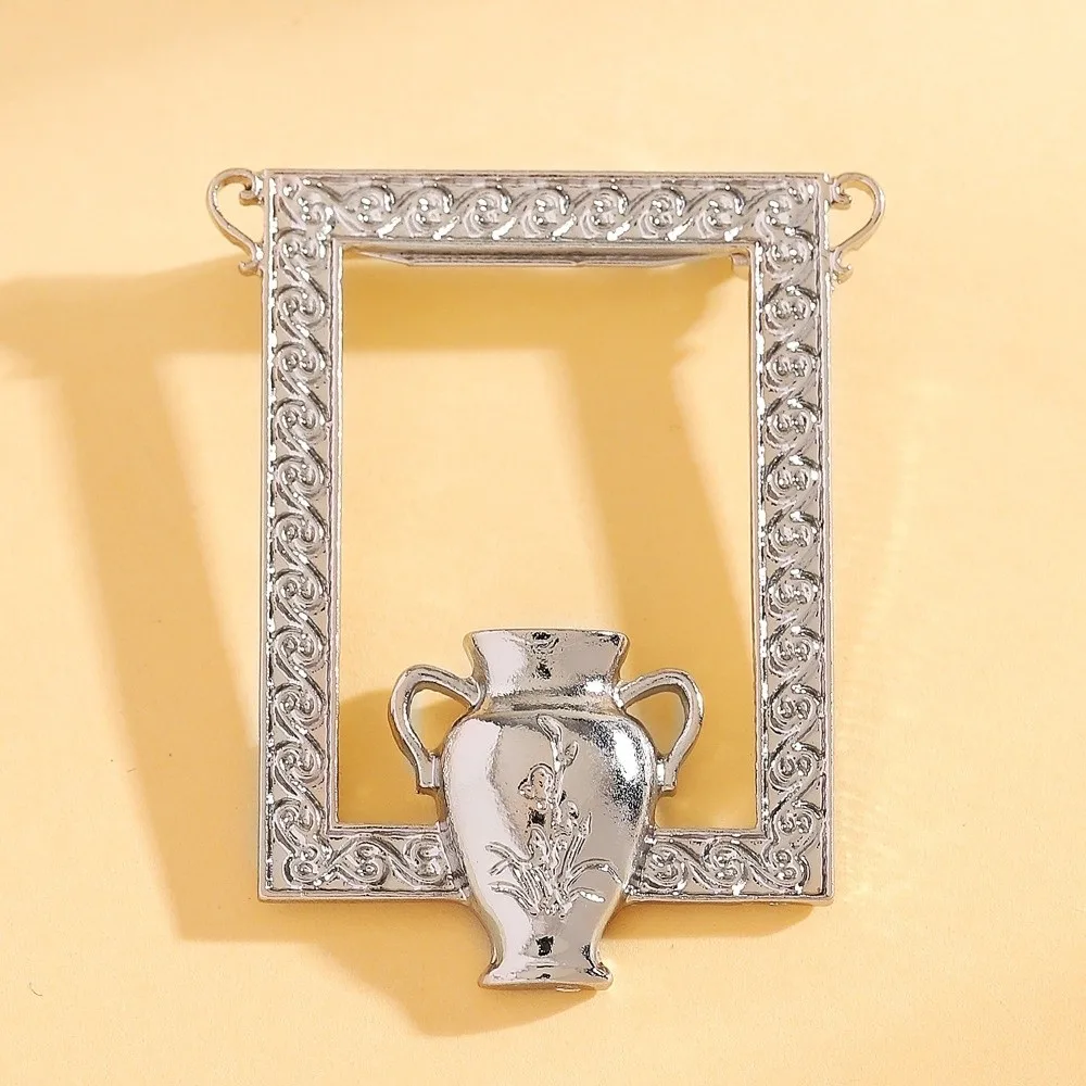 French Vintage Wearable Flower Vase Necklace Baroque Style Silver Plated Frame Vase Brooch Dual Use Miniature Size