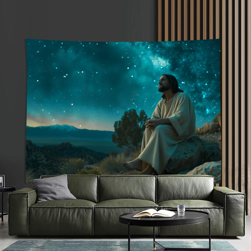 Jesus Christ Starry Sky Tapestry Religious Art Night Landscape Faith Decor Christian Wall Hanging Living Room Print