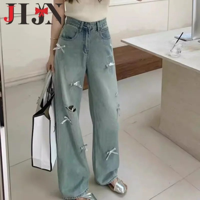 JHJN جديد غسل امرأة سراويل جينز عالية الخصر السراويل الفضفاضة ثقب القوس الأزرق Britches الشارع موضة قيعان ريترو ربطة الجينز