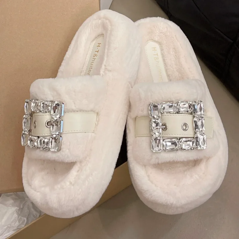 Winter new platform slippers women's fashion round head open toe diamond square buckle flat woolen shoes