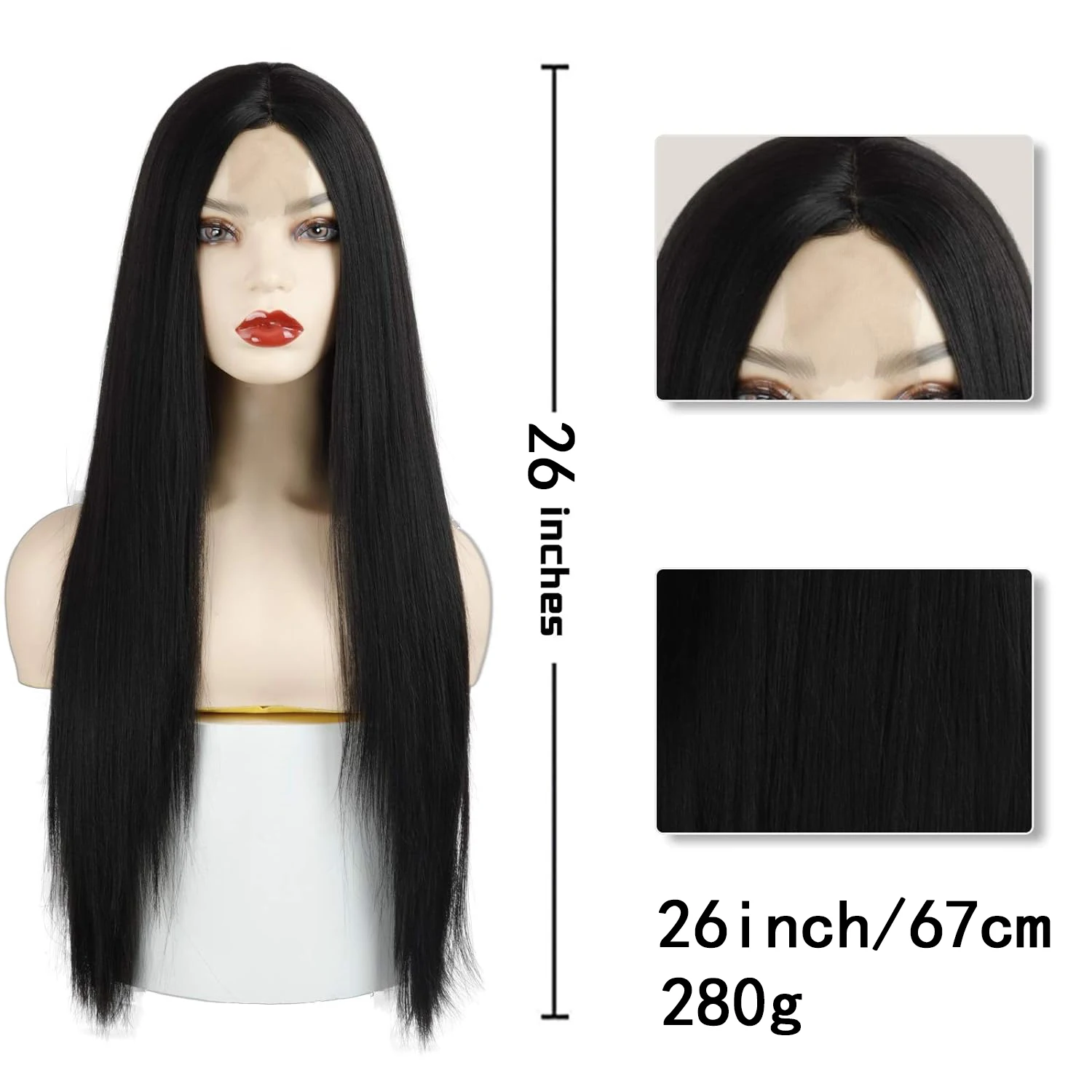 Perruque Lace Front Wig naturelle Remy lisse et soyeuse, cheveux longs noirs, 4 couleurs, avec raie au milieu, pour femmes