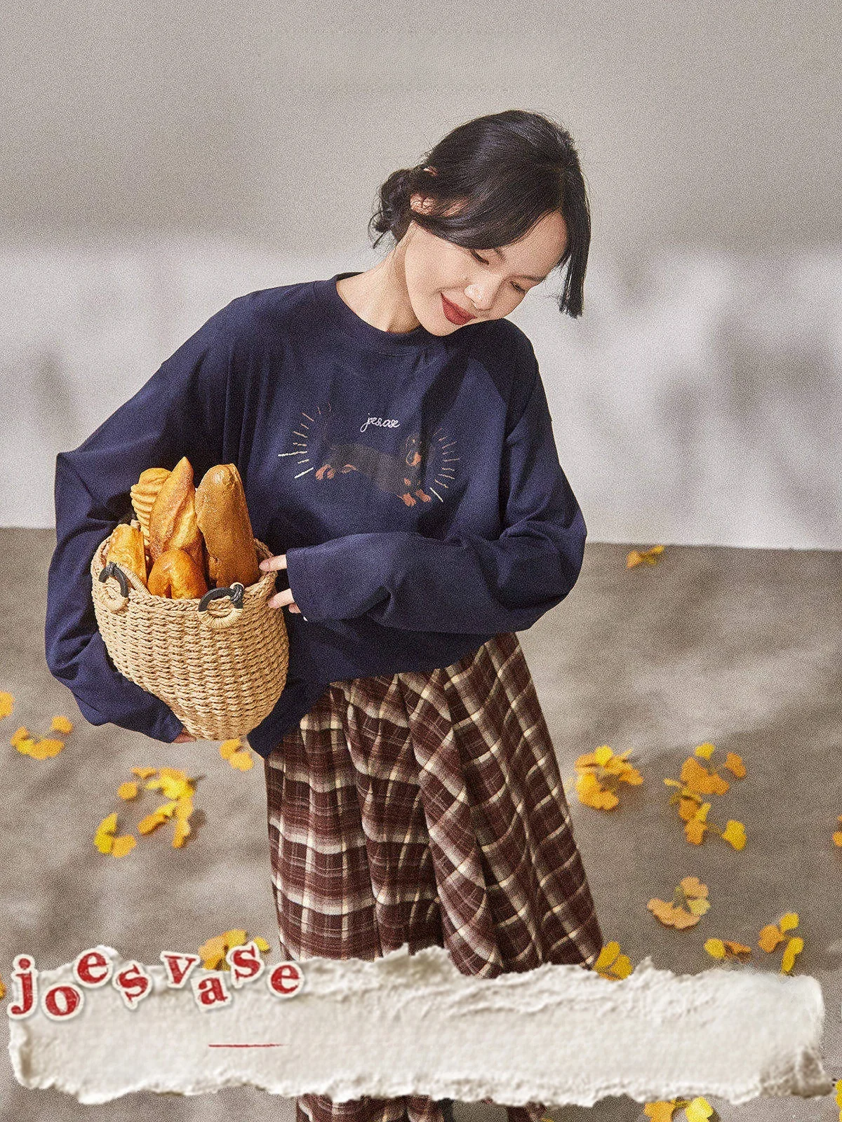 

Blue Long Sve T-irt Women's Vintage Print Versatile Top Loose Fit Teen Girls' Autumn Faion New Sle Yu Hua Zun